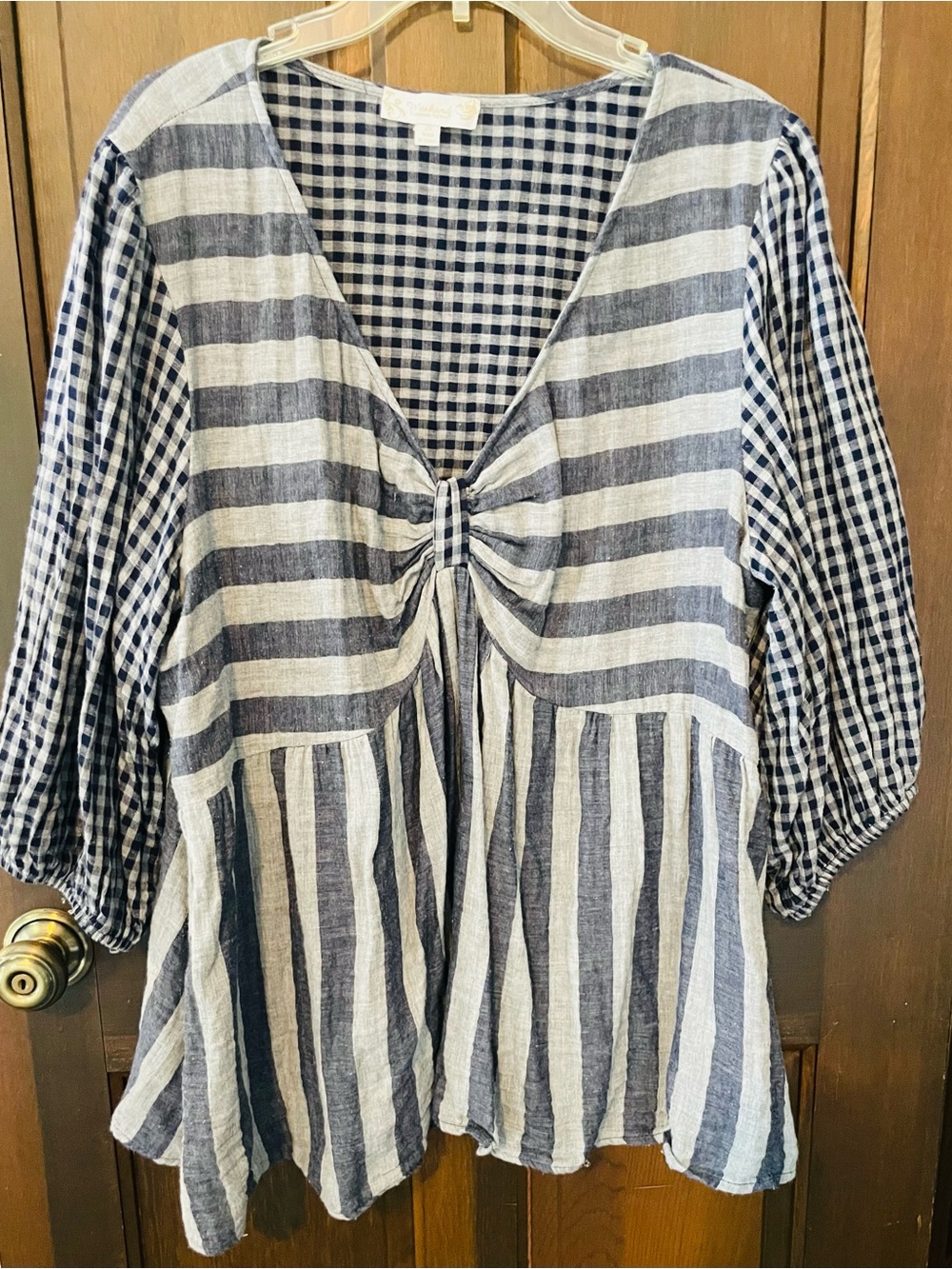 Suzanne Betro Navy and White Striped Tie-Front Blouse